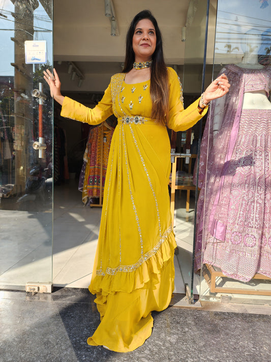 HALDI YELLOW EMBROIDED MAXI GOWN WITH CHOCKER AND BELT