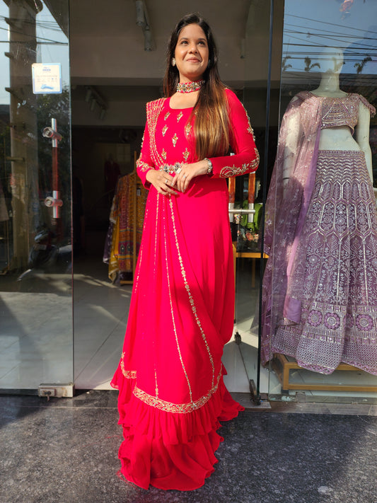 CHERRY RED EMBROIDED MAXI GOWN WITH CHOCKER AND BELT