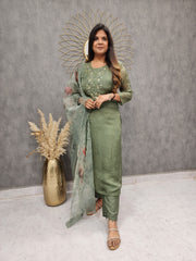 GREEN STRAIGHT PANT SUIT WITH ORGANZA DUPATTA