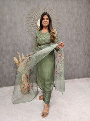 GREEN STRAIGHT PANT SUIT WITH ORGANZA DUPATTA