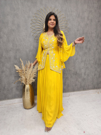 Lemon yellow peplum butterfly sleeves 2pc indo-western dress