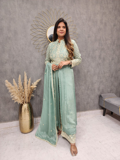 MINT GREEN CENTRE SLIT INDOWESTERN PLAZO DRESS