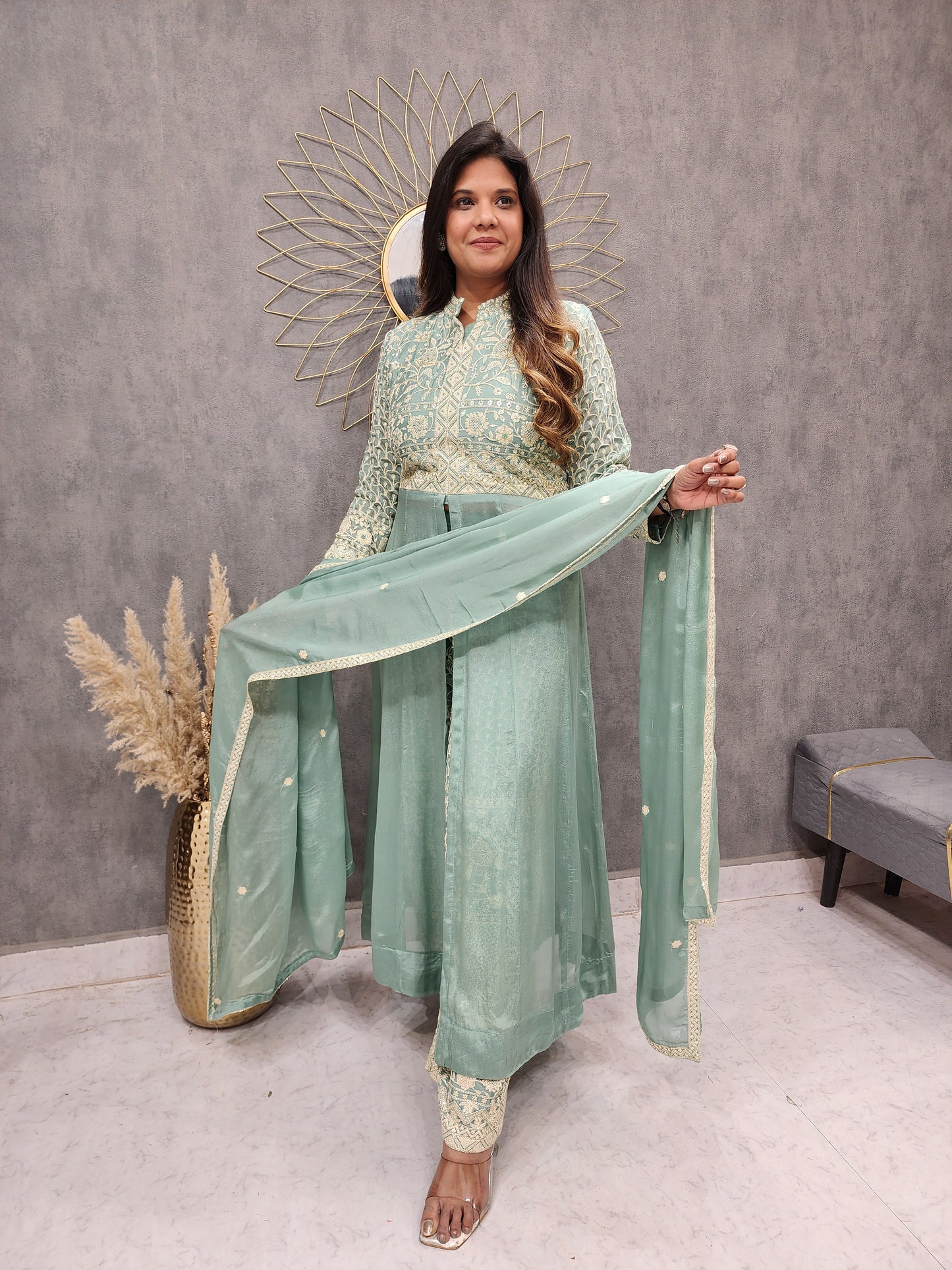 MINT GREEN CENTRE SLIT INDOWESTERN PLAZO DRESS