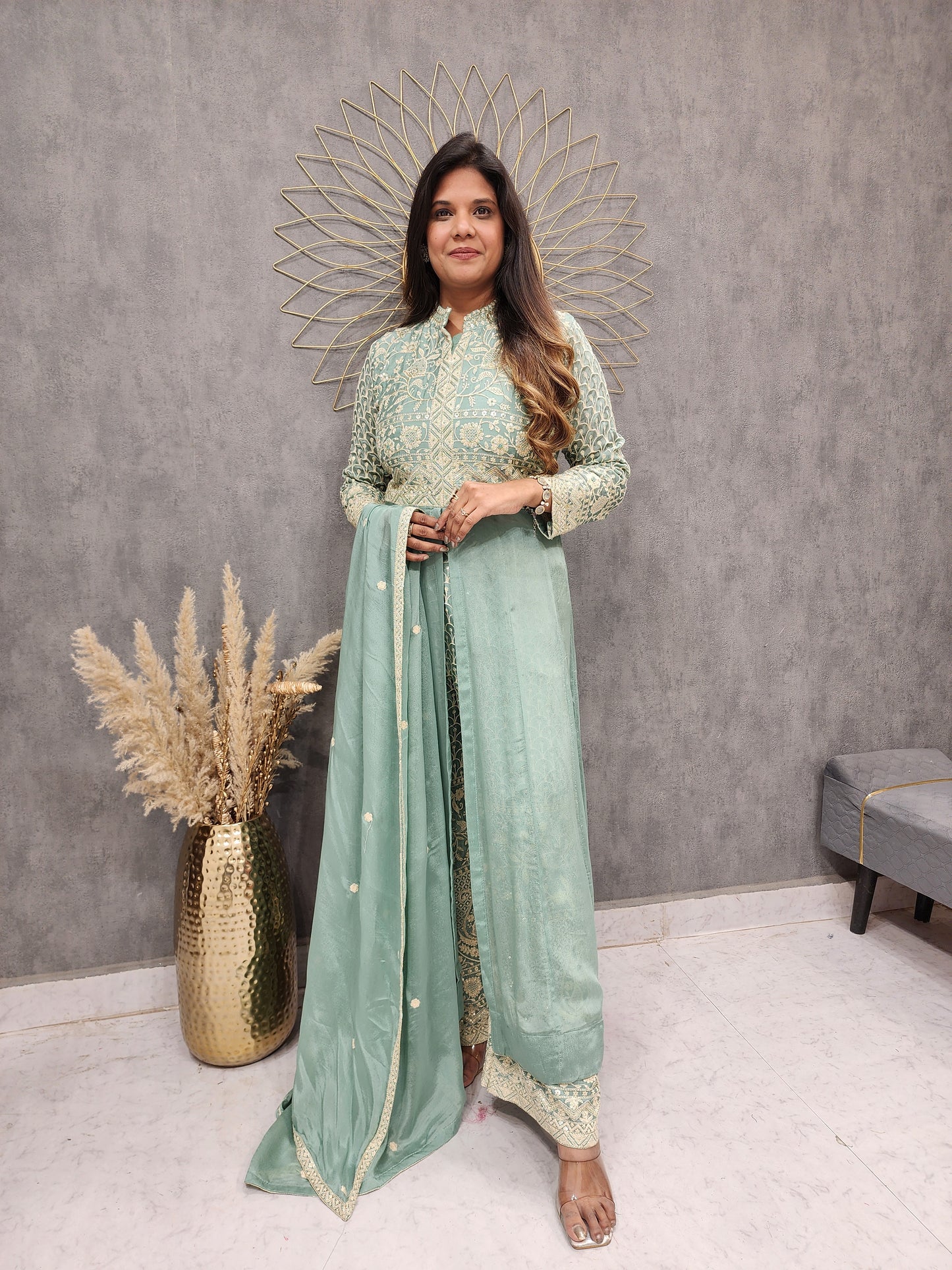 MINT GREEN CENTRE SLIT INDOWESTERN PLAZO DRESS