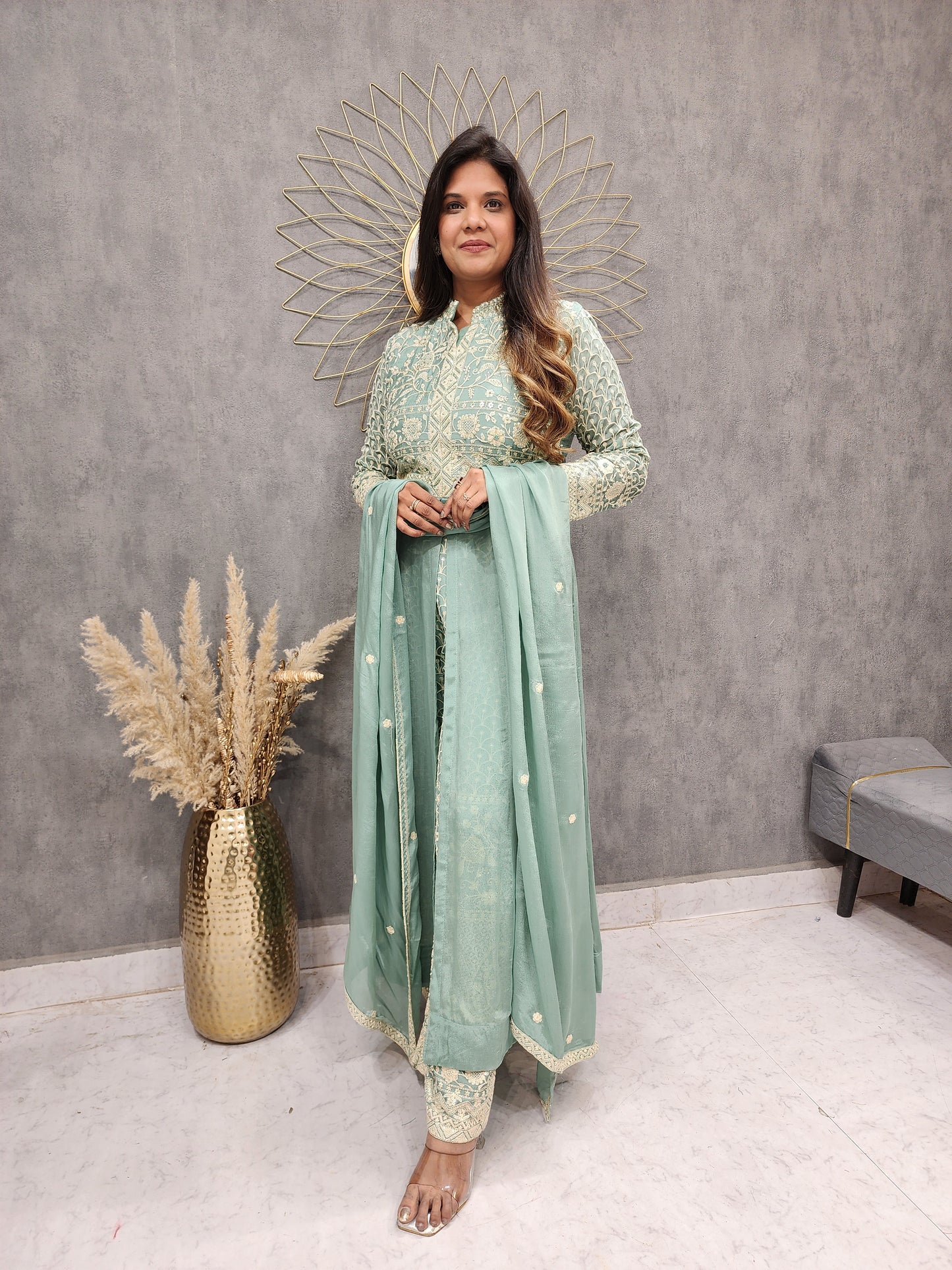 MINT GREEN CENTRE SLIT INDOWESTERN PLAZO DRESS