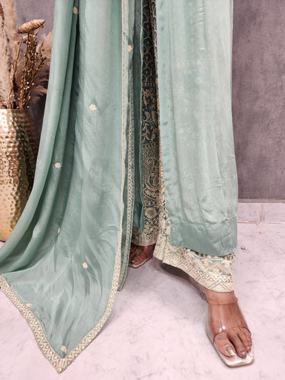 MINT GREEN CENTRE SLIT INDOWESTERN PLAZO DRESS