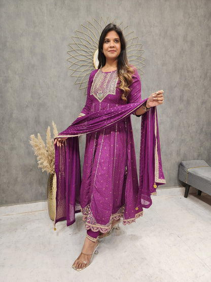 Purple embroided cotton anarkali 3pc suit