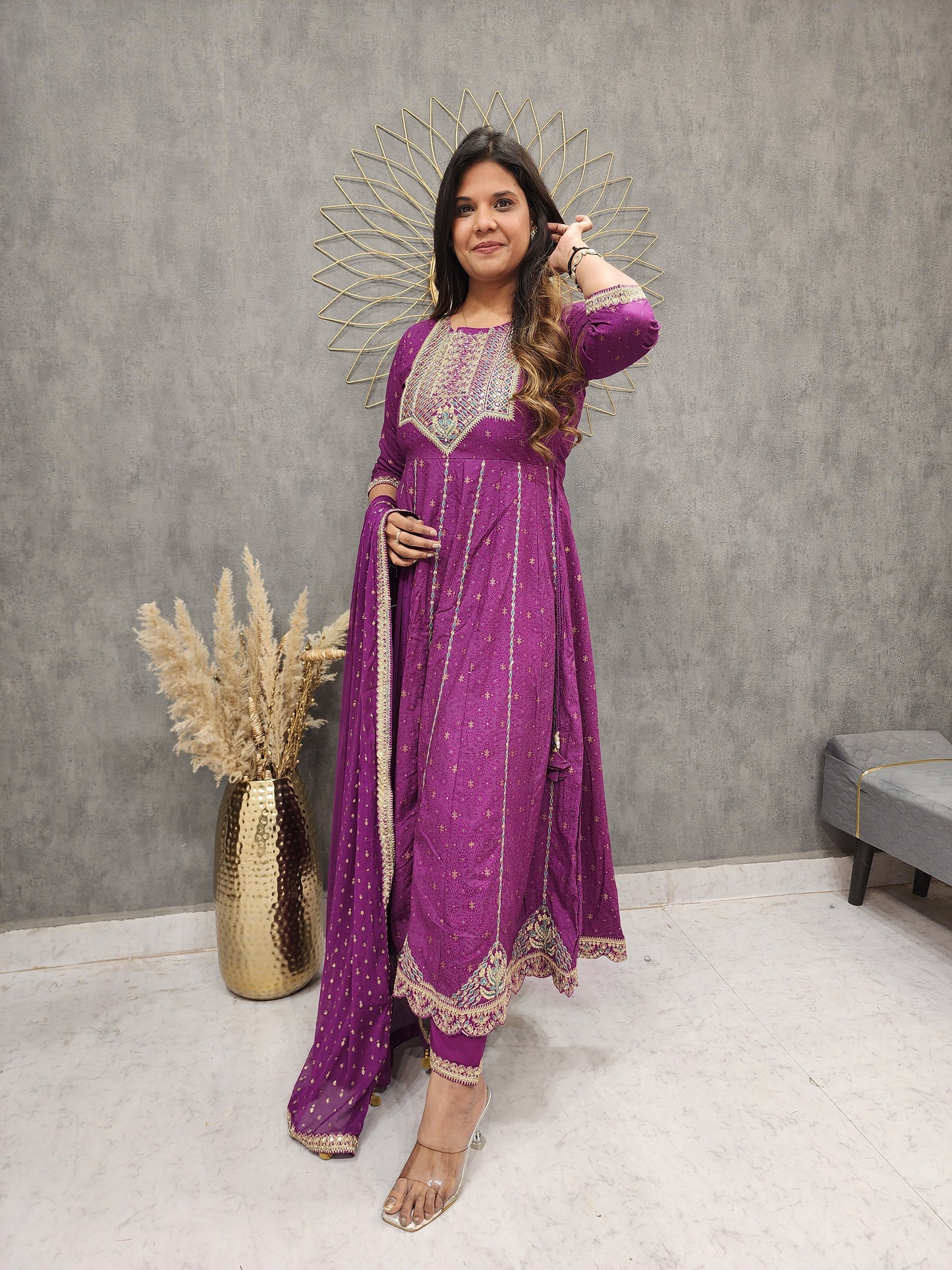 Purple embroided cotton anarkali 3pc suit