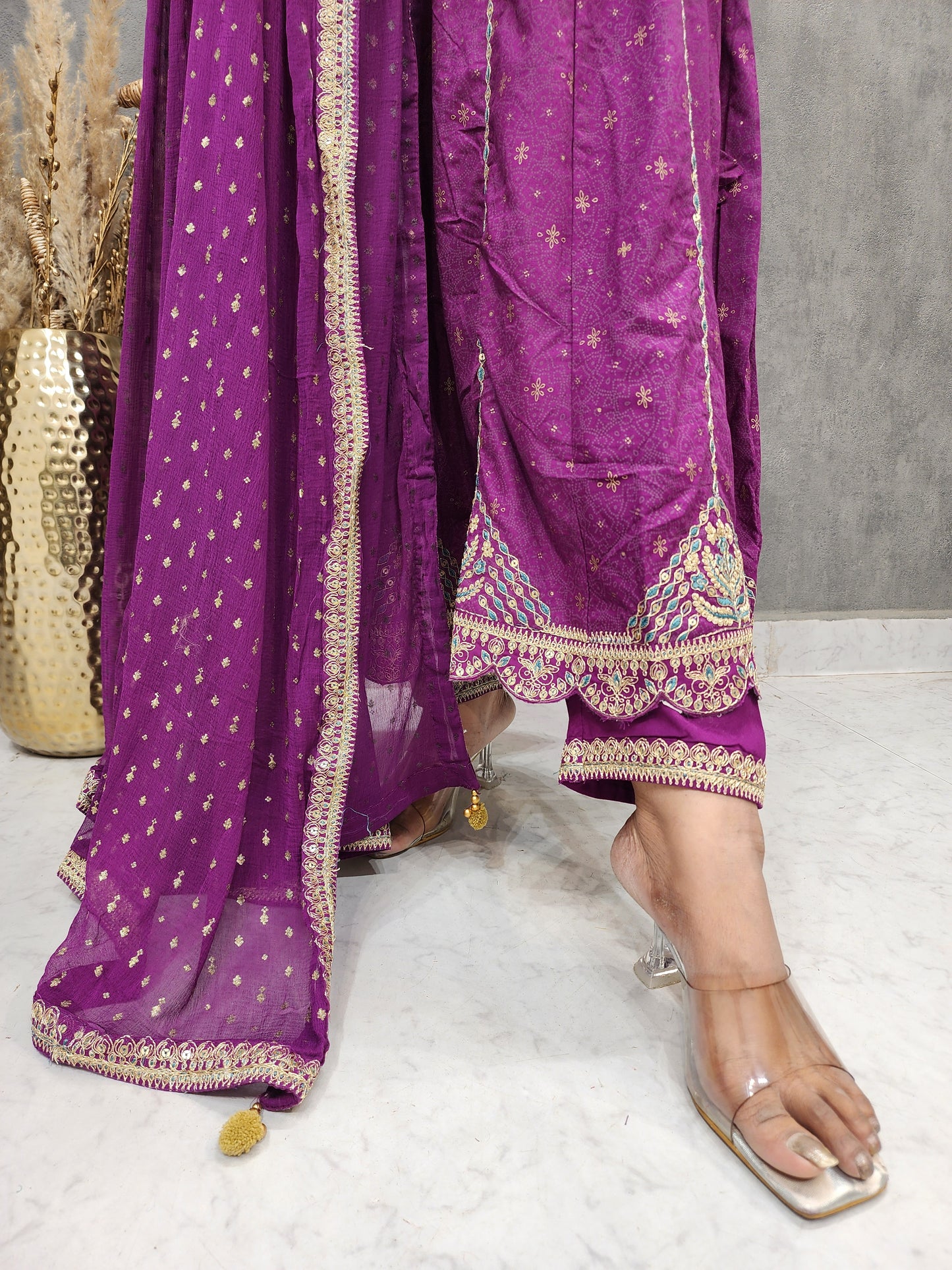 Purple embroided cotton anarkali 3pc suit