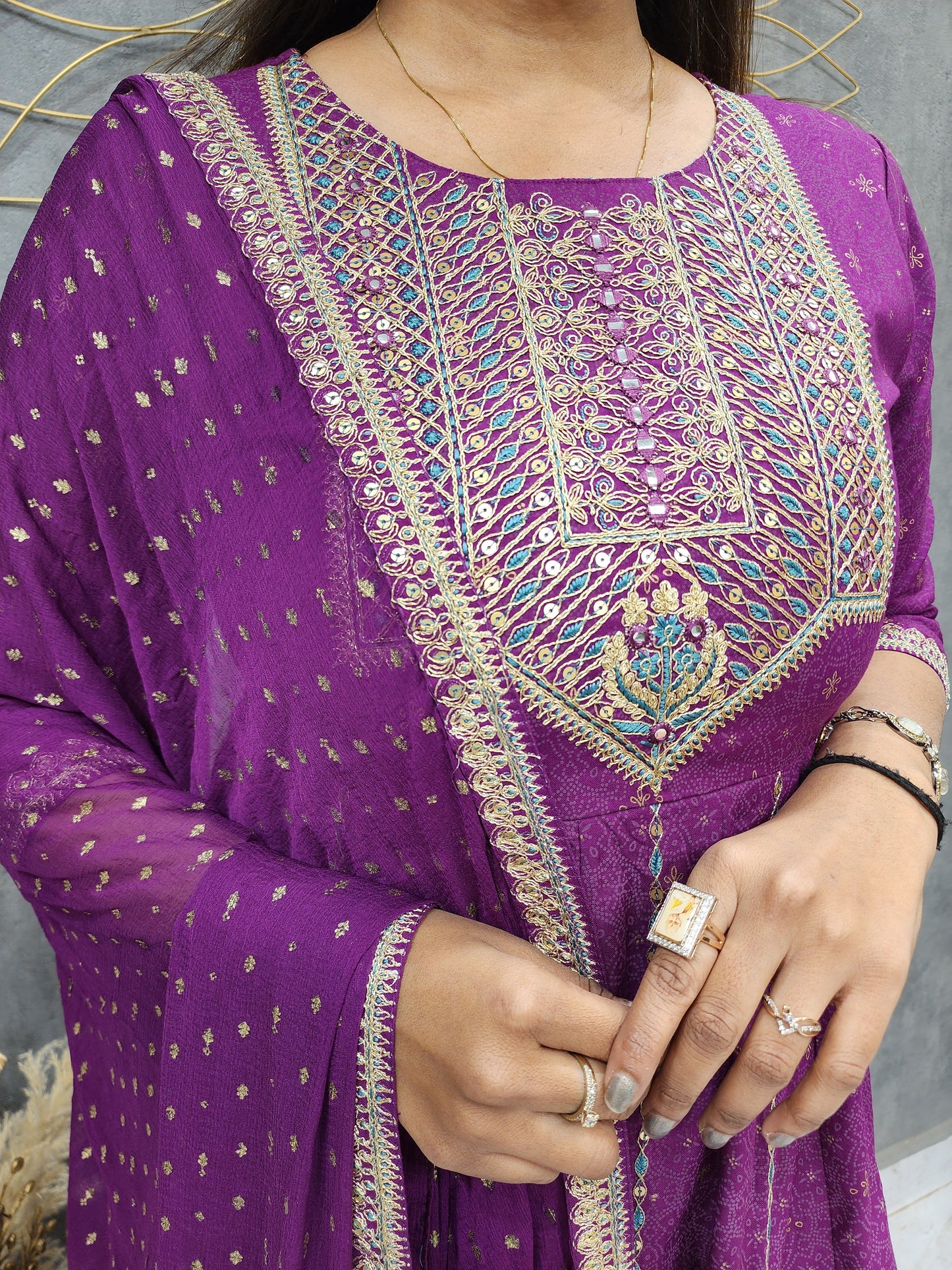 Purple embroided cotton anarkali 3pc suit