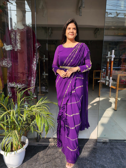 PS PURPLE EMBROIDED DRAPE RUFFLES SAREE