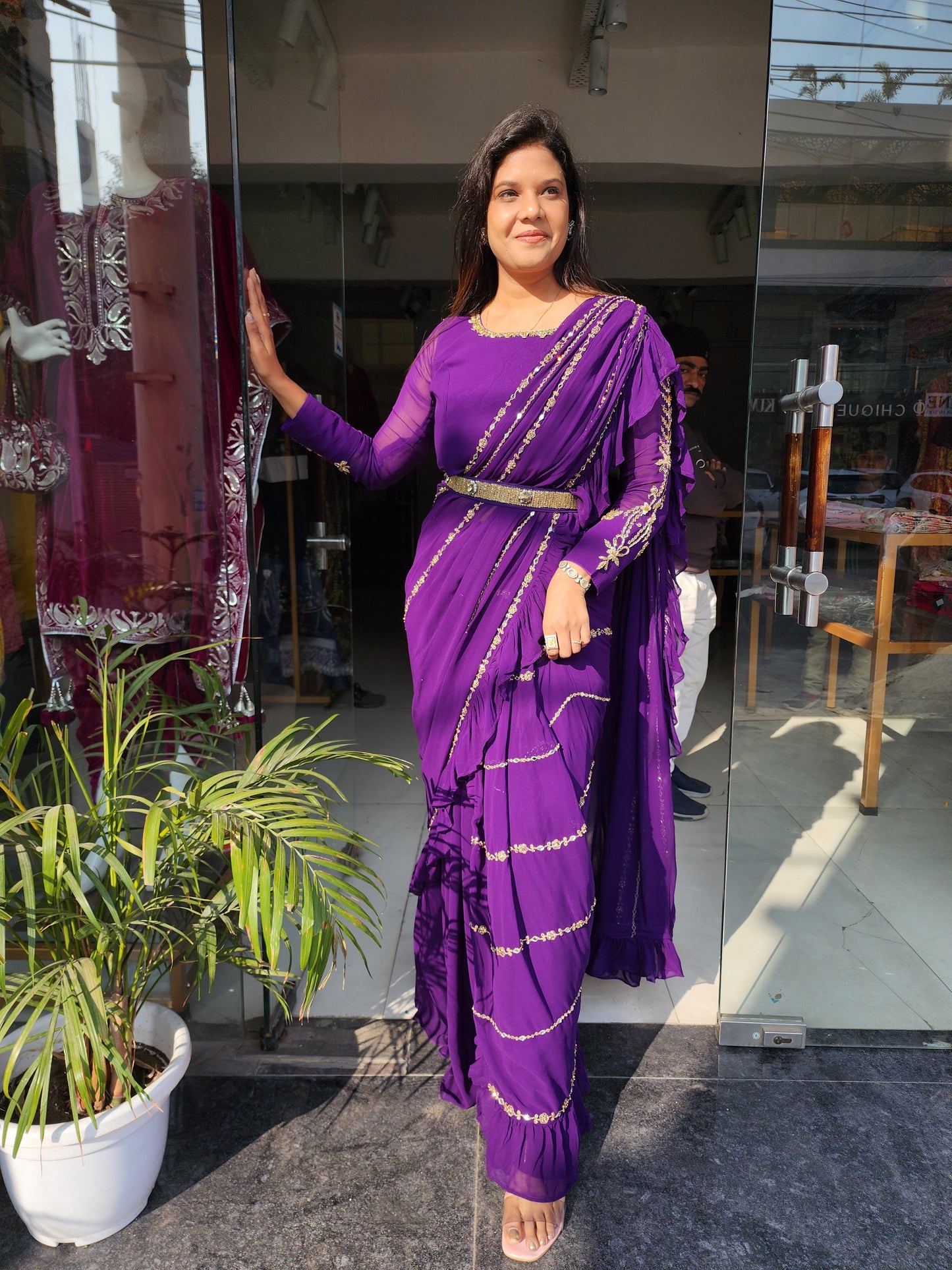 PS PURPLE EMBROIDED DRAPE RUFFLES SAREE