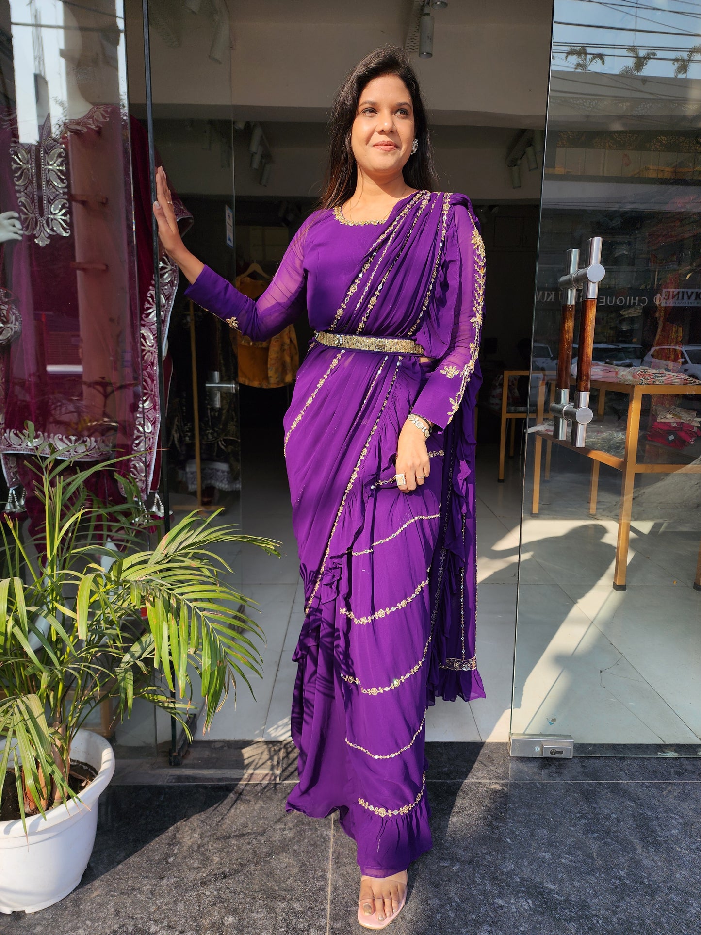 PS PURPLE EMBROIDED DRAPE RUFFLES SAREE