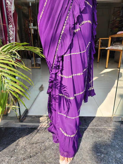 PS PURPLE EMBROIDED DRAPE RUFFLES SAREE