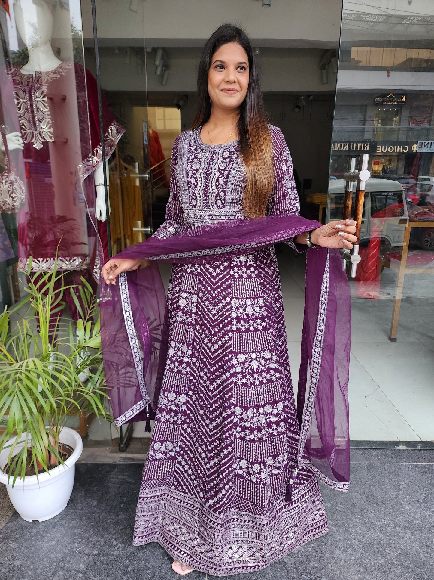 Heer wine embroided maxi gown