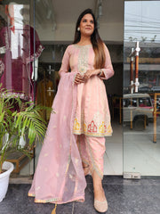 ZARI TISSUE PEACH EMBROIDED SHORT ANARKALI WITH TULIP PANT