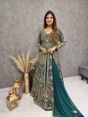 TEAL GREEN CENTRE SLIT EMBROIDED INDO-WESTERN SUIT
