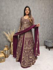 WINE CENTRE SLIT EMBROIDED INDO-WESTERN SUIT