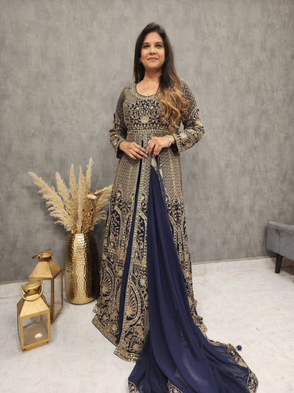 BLUE CENTRE SLIT EMBROIDED INDO-WESTERN SUIT