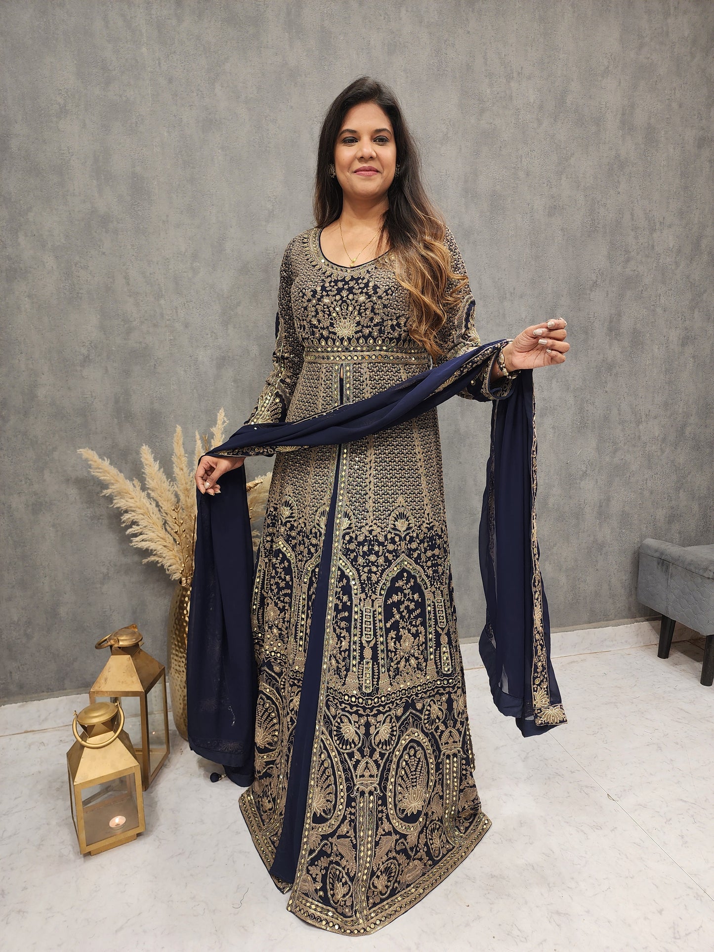 BLUE CENTRE SLIT EMBROIDED INDO-WESTERN SUIT