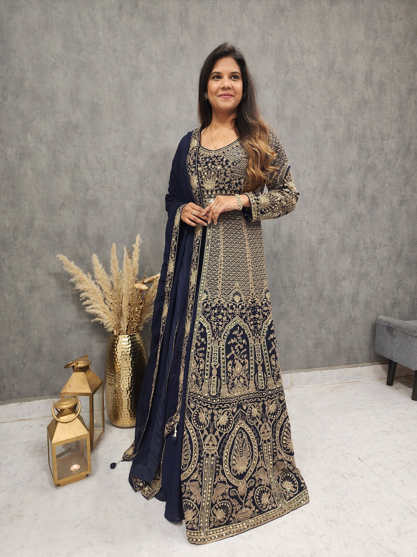 BLUE CENTRE SLIT EMBROIDED INDO-WESTERN SUIT