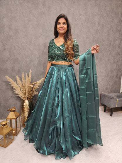 BEADS METALLIK GREEN JIMMY JOO DESIGNER LEHENGA