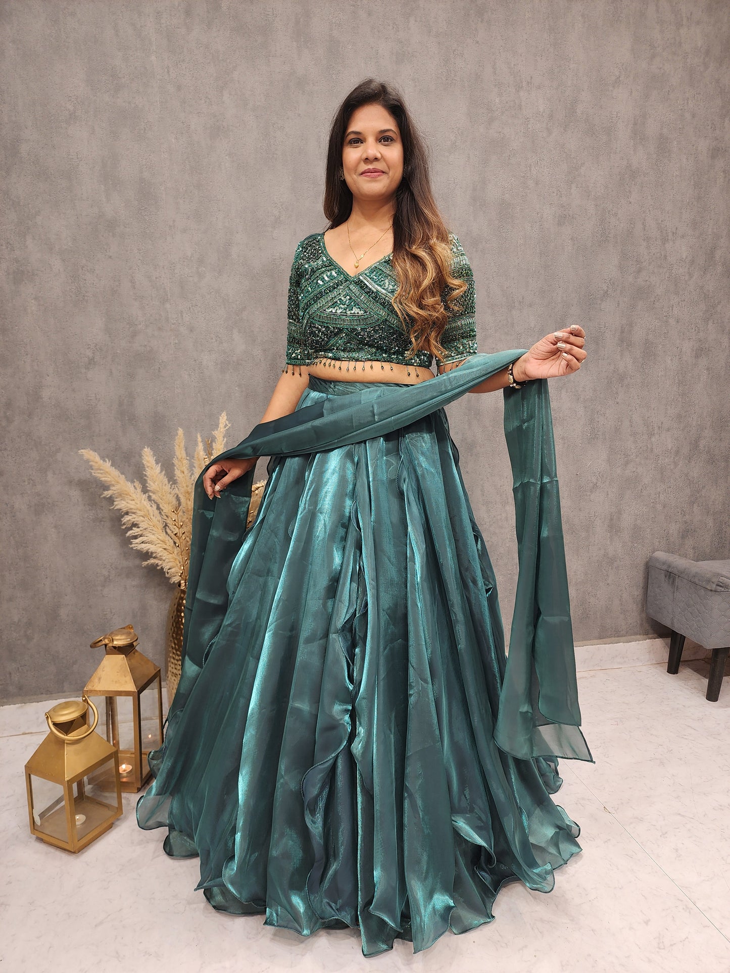 BEADS METALLIK GREEN JIMMY JOO DESIGNER LEHENGA