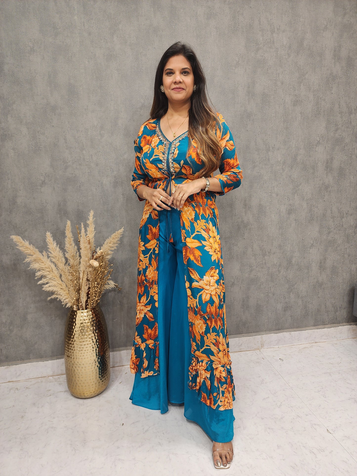 FLORAL PRINT BLUE EMBROIDED 3PC INDO WESTERN DRESS