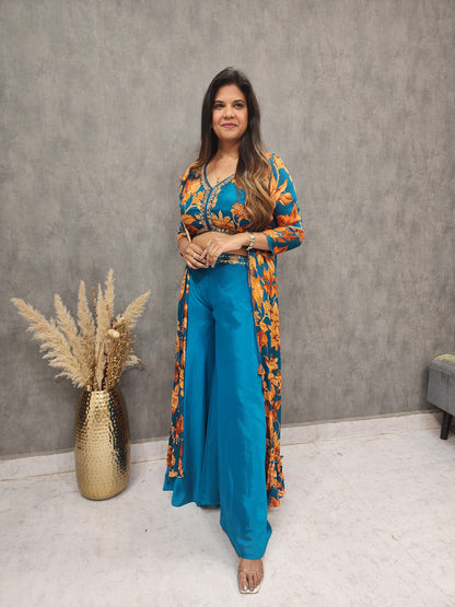 FLORAL PRINT BLUE EMBROIDED 3PC INDO WESTERN DRESS