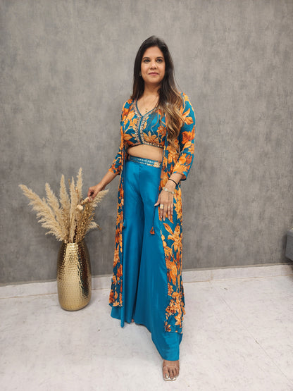 FLORAL PRINT BLUE EMBROIDED 3PC INDO WESTERN DRESS