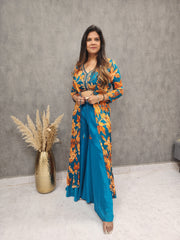 FLORAL PRINT BLUE EMBROIDED 3PC INDO WESTERN DRESS