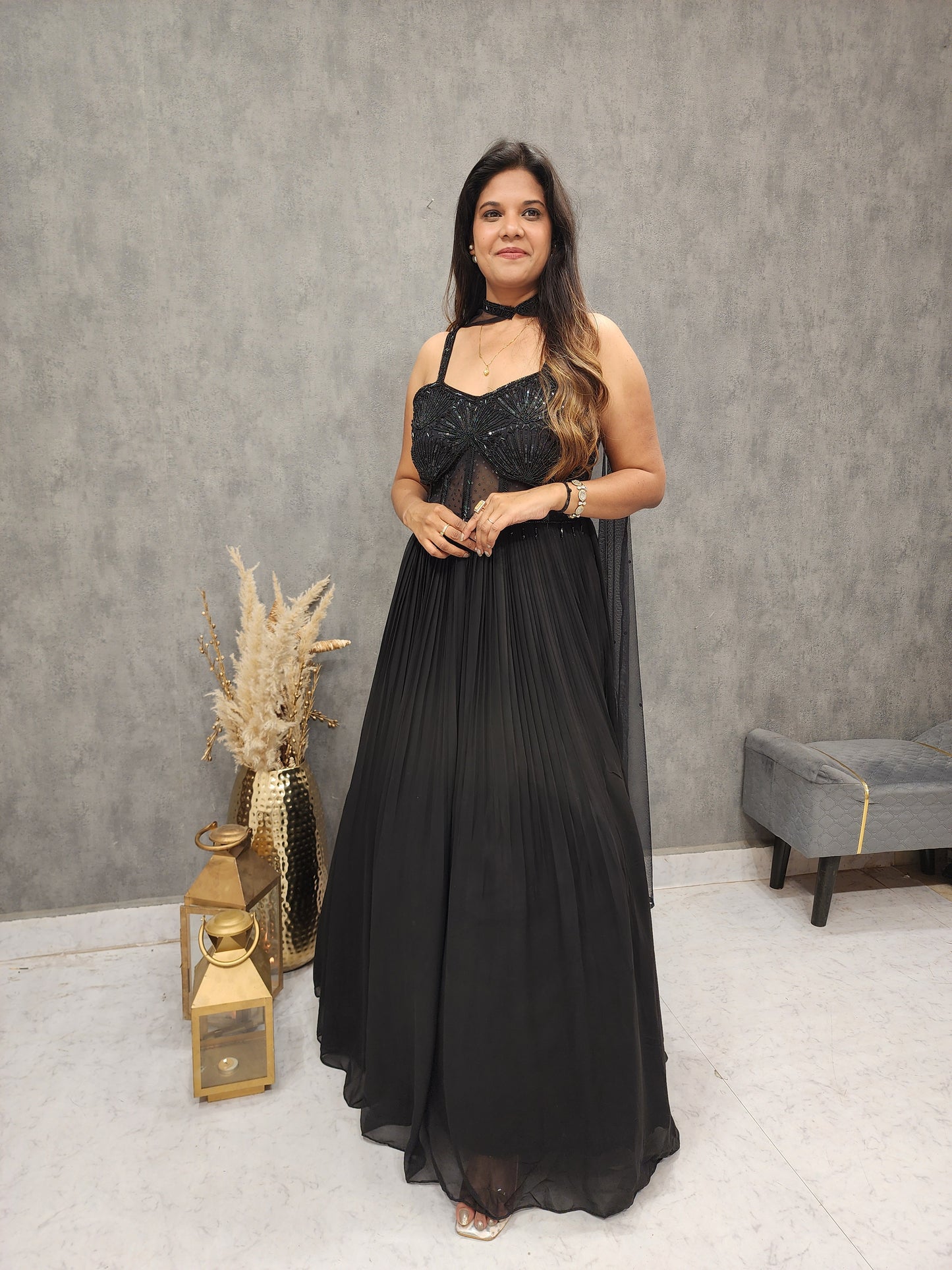 Black step embroidered maxi gown with chocker dupatta