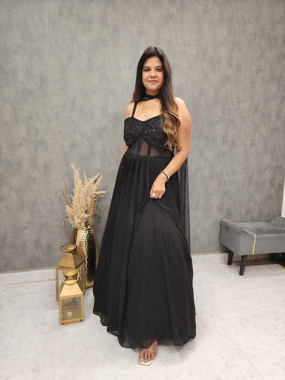 Black step embroidered maxi gown with chocker dupatta