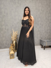 BLACK STEP EMBROIDERED MAXI GOWN WITH CHOCKER DUPATTA