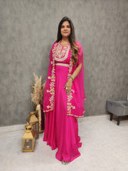 HOTPINK EMBROIDED CAPE MAXI GOWN WITH BELT
