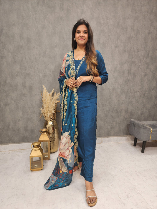 REHMAT TEAL BLUE V NECK EMBROIDED STRAIGHT SUIT