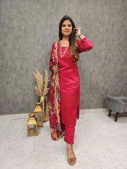 REHMAT MAROON V NECK EMBROIDED STRAIGHT SUIT