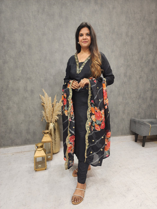REHMAT BLACK V NECK EMBROIDED STRAIGHT SUIT