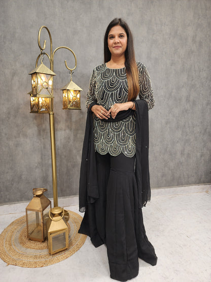 Humza black embroidered co-ord style garara suit