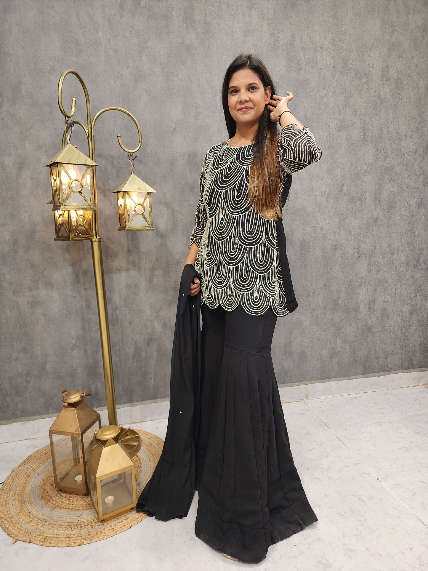 Humza black embroidered co-ord style garara suit