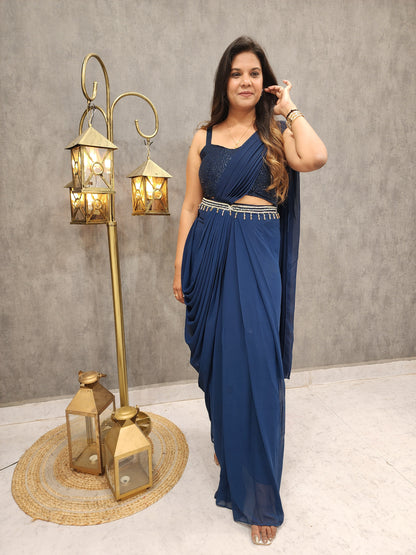 Blue drape cowl style saree