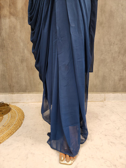 Blue drape cowl style saree