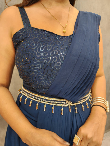 Blue drape cowl style saree