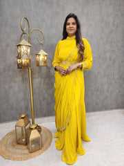 CREPE YELLOW EMBROIDERED DRAPE WITH BELT MAXI GOWN