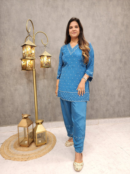 Blue pathani embroidered co-ord set