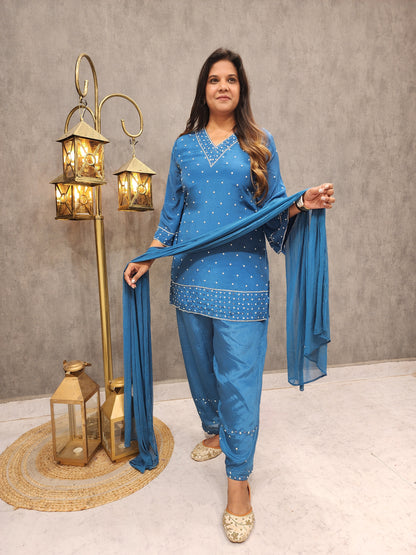 Blue pathani embroidered co-ord set