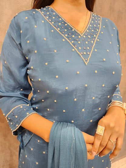 Blue pathani embroidered co-ord set