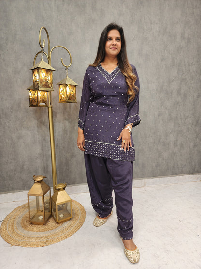 Dark wine pathani embroidered co-ord set