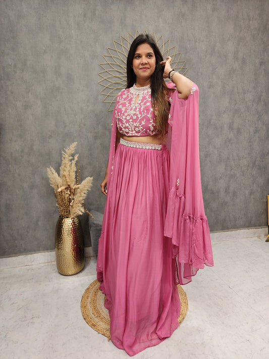 PINK 2PC INDO-WESTERN BLOUSE WITH CONNECTED CAPE ANS SKIRT