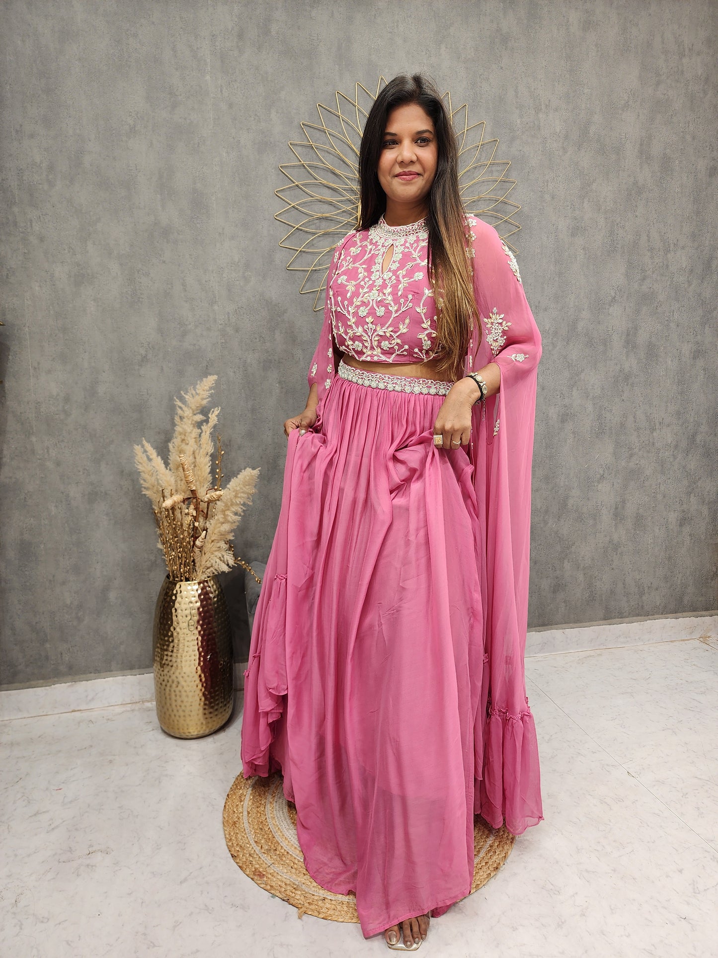 PINK 2PC INDO-WESTERN BLOUSE WITH CONNECTED CAPE ANS SKIRT